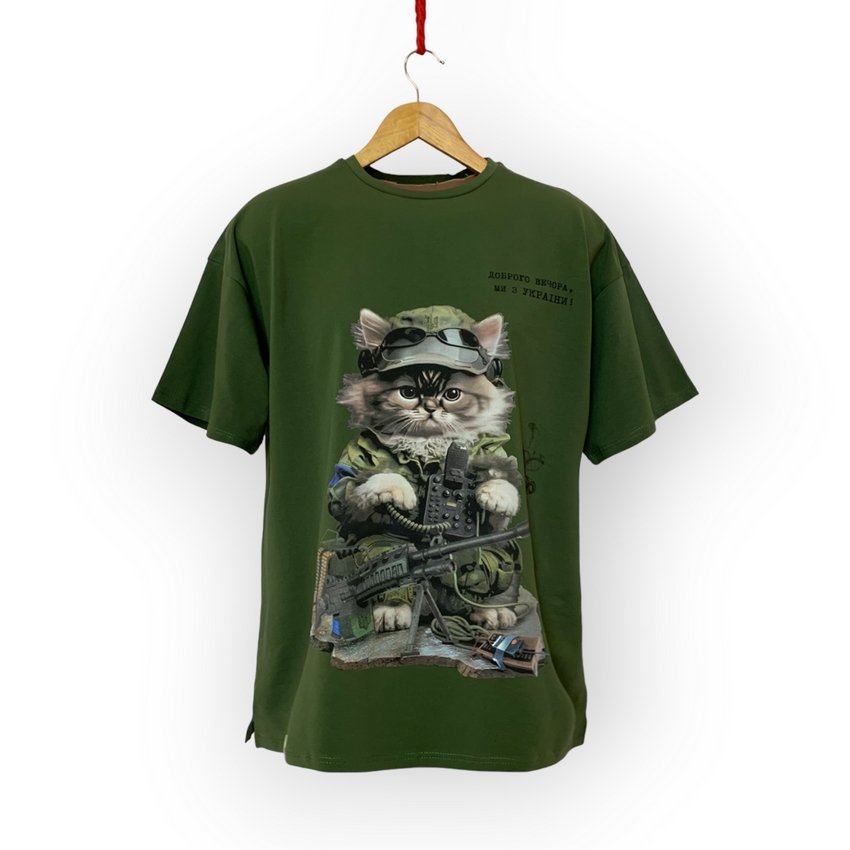 [000003773] Футболка YADRIK Патріот Кіт мінер стрейч кулір Oversize (Oversize M темний хакі)